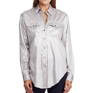 Ralph Lauren Long Sleeve Metallic Charmeuse  Silver Shirt XL
